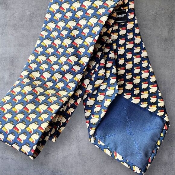 Salvatore Ferragamo Men's Blue Silk Tie Duck Pelican Animal Print - Picture 3 of 7